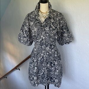 Caroline Constas NWT Black & Cream Floral Print Puff Sleeve Button‎ Down Dress L